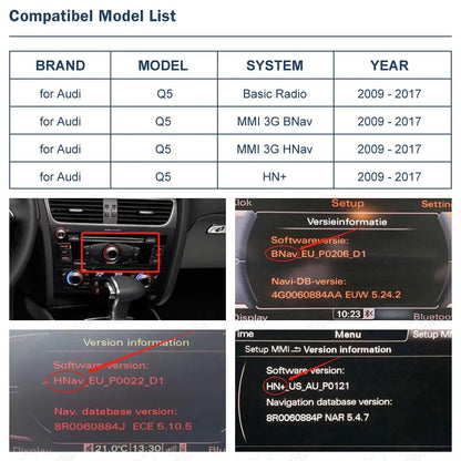 Compatibility list for Audi Q5 MMI 3G Basic, BNav, HNav, and HN+ systems 2009-2017