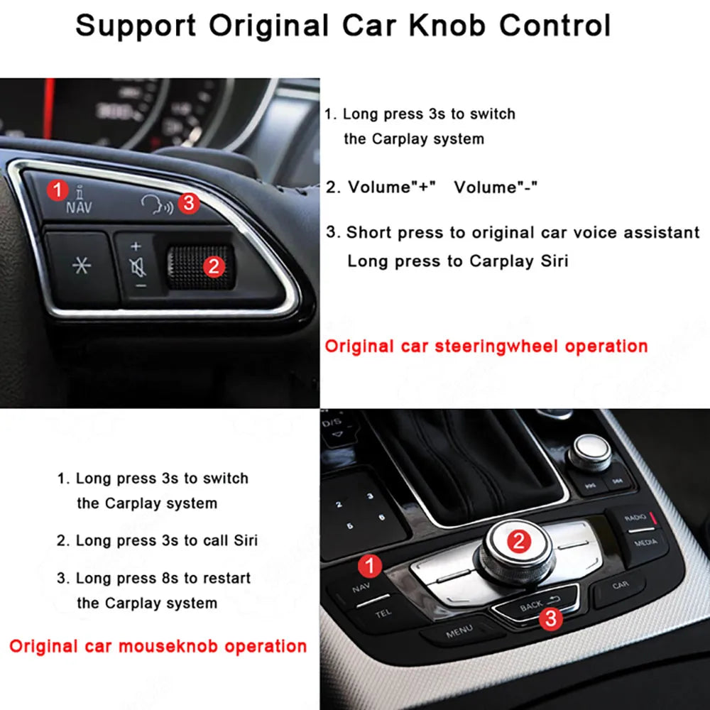 Instructions for operating the CarPlay system using original Audi Q5 steering wheel buttons and MMI mouse knob controls.