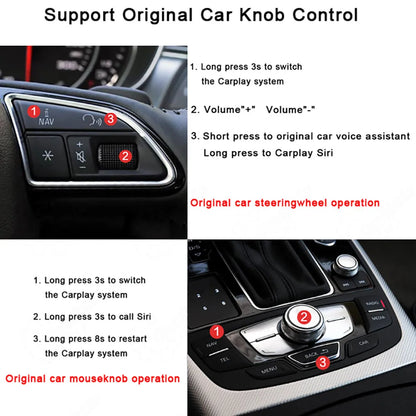 Instructions for operating the CarPlay system using original Audi Q5 steering wheel buttons and MMI mouse knob controls.