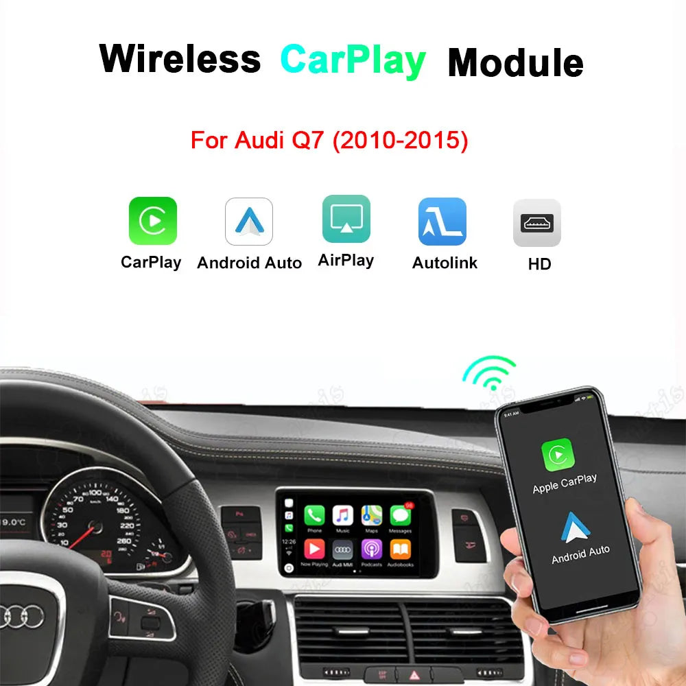 Wireless Apple CarPlay and Android Auto retrofit module for Audi Q7 2010-2015 models.