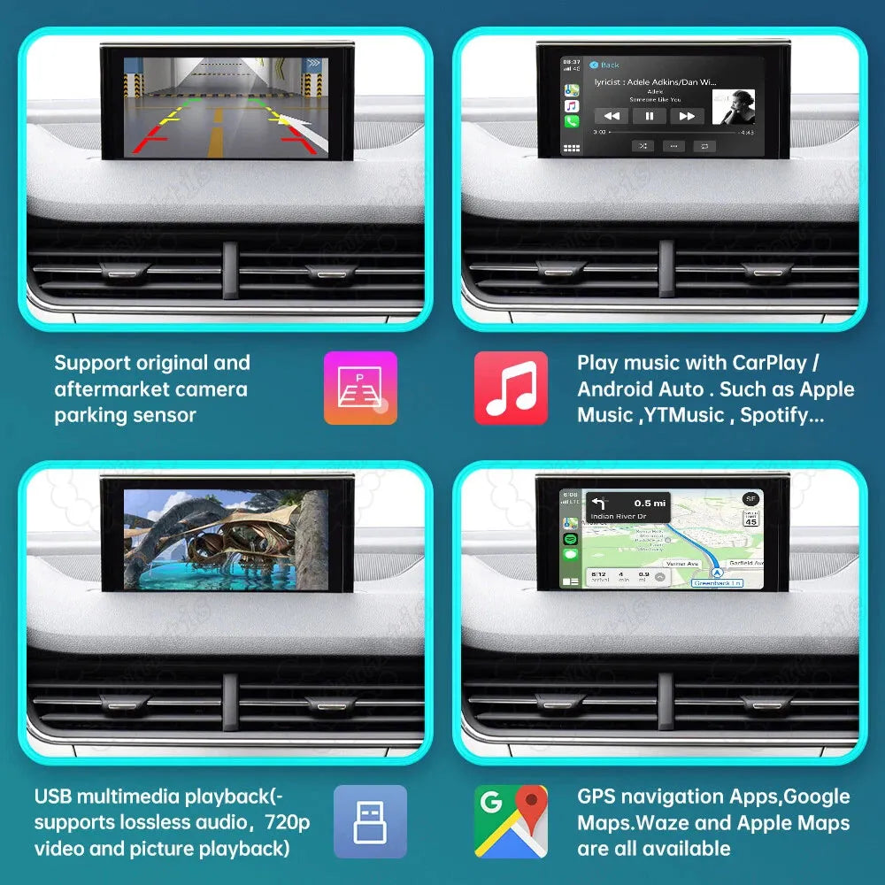 Comprehensive features of Audi Q7 2016-2019 wireless CarPlay and Android Auto retrofit module including voice control, GPS navigation, reverse camera support, and screen mirroring.
