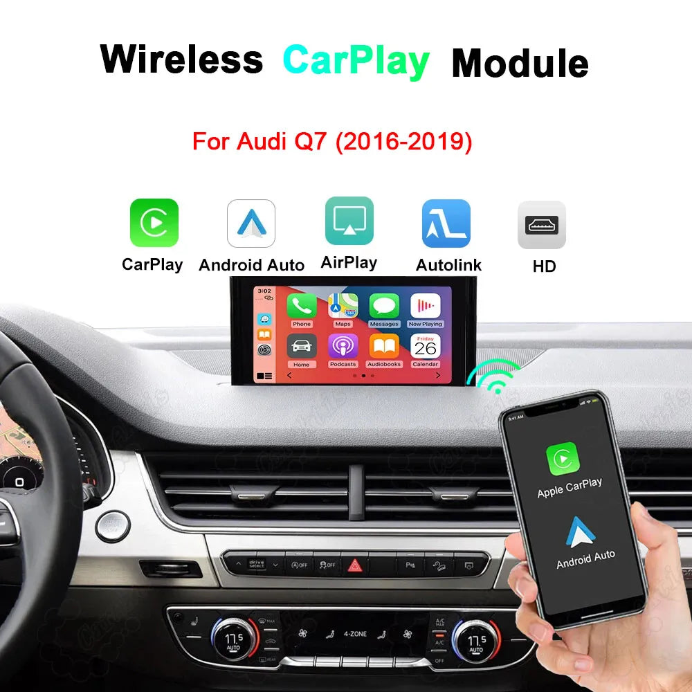 Wireless Apple CarPlay and Android Auto retrofit module for Audi Q7 2016-2019 dashboard display.