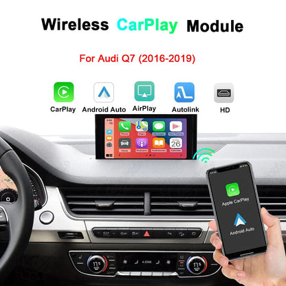 Wireless Apple CarPlay and Android Auto retrofit module for Audi Q7 2016-2019 dashboard display.