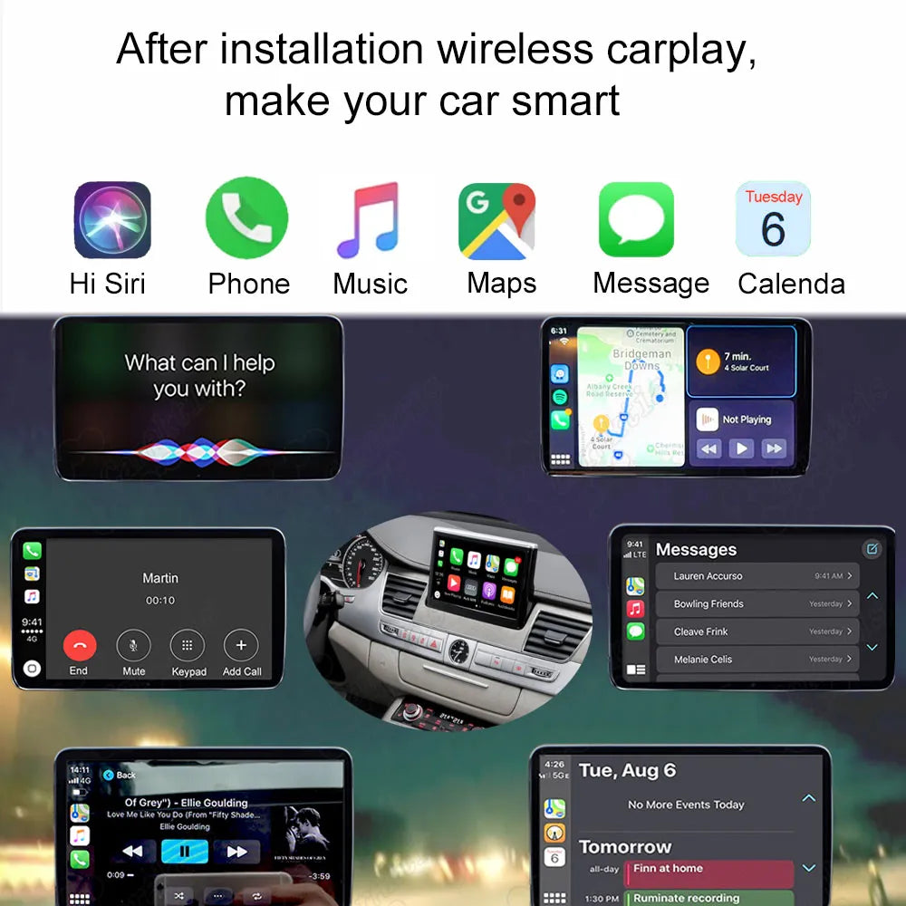 Dashboard display showing Apple CarPlay features including Siri, Google Maps, Music, and Messages on Audi Q7.