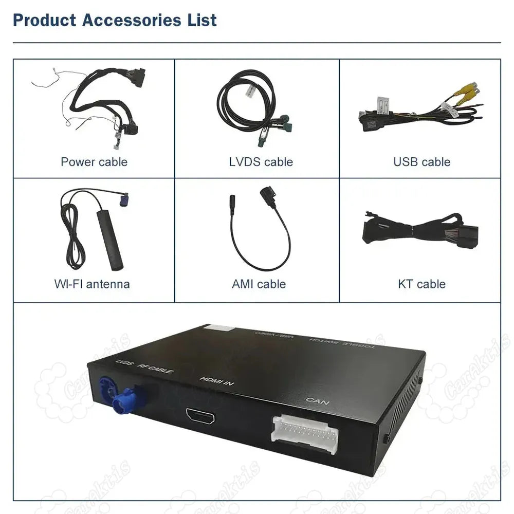 Complete accessories list for Audi Q7 CarPlay kit: power cable, LVDS, USB, Wi-Fi antenna, AMI and KT cables.