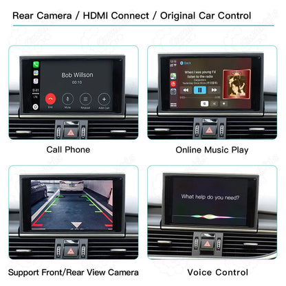 Audi Q7 CarPlay interface supporting front/rear view camera, HDMI input, and voice control.