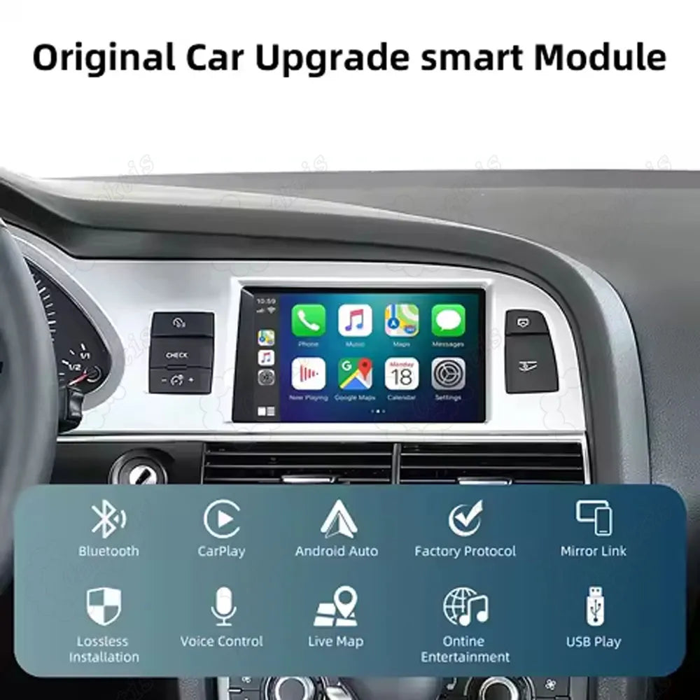 Original car upgrade smart module features: Bluetooth, Lossless installation, Live Map, and USB Play for Audi.