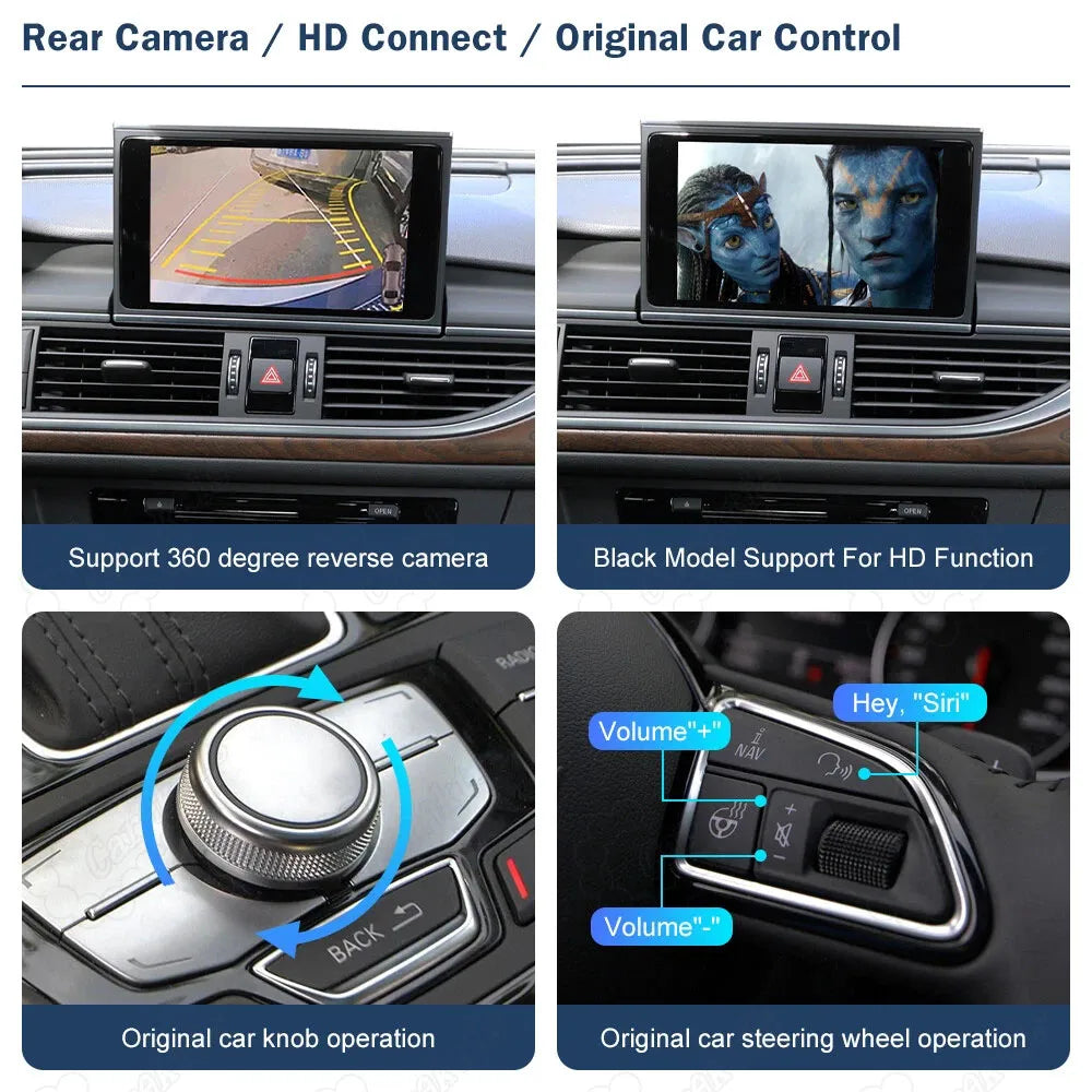 Support for 360-degree reverse camera, original car knob, and steering wheel controls on Audi A6 A7