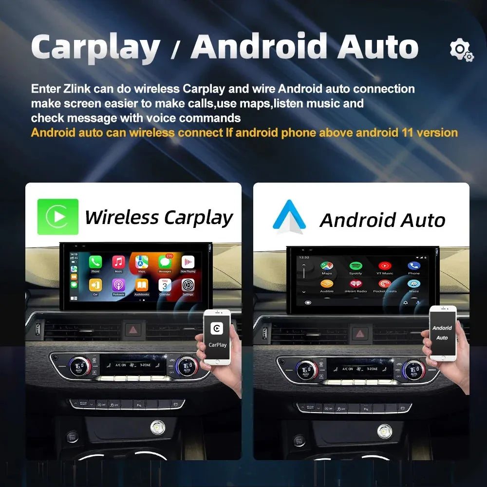 Wireless CarPlay and Android Auto integration demonstration on Audi dashboard touchscreen display
