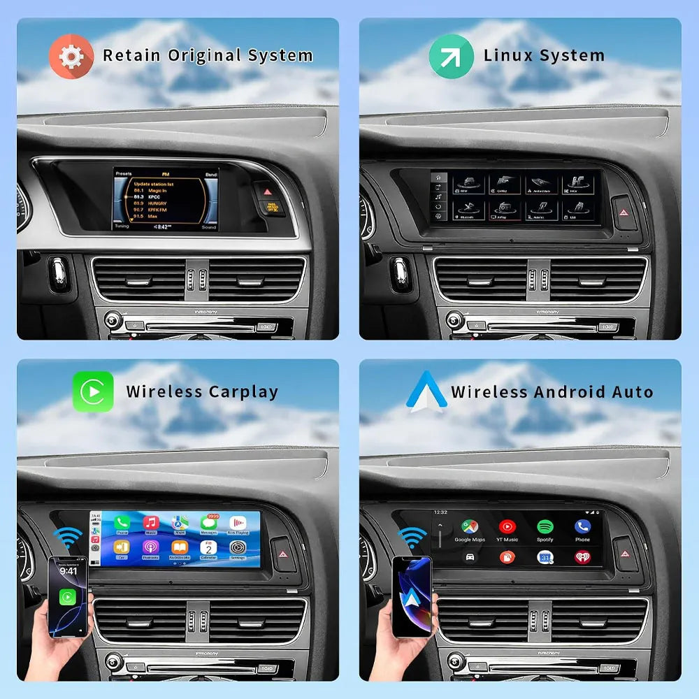 4-in-1 display showing original Audi MMI system, Linux OS, wireless Apple CarPlay, and wireless Android Auto interfaces