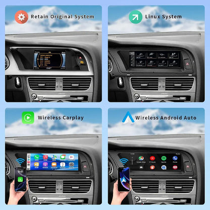 4-in-1 display showing original Audi MMI system, Linux OS, wireless Apple CarPlay, and wireless Android Auto interfaces