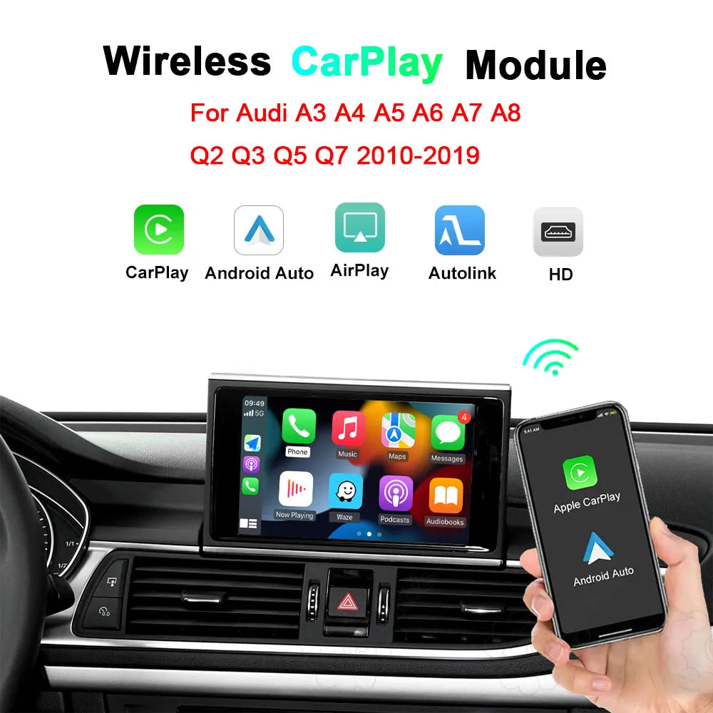 Wireless Apple CarPlay and Android Auto retrofit module for Audi A3 A4 A5 A6 A7 A8 Q2 Q3 Q5 Q7 2010-2019, supporting AirPlay and HD Mirroring.