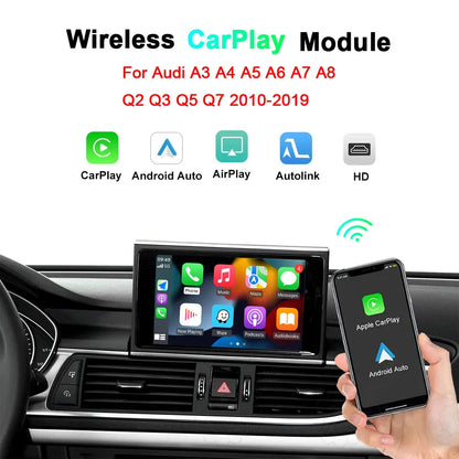 Wireless Apple CarPlay and Android Auto retrofit module for Audi A3 A4 A5 A6 A7 A8 Q2 Q3 Q5 Q7 2010-2019, supporting AirPlay and HD Mirroring.