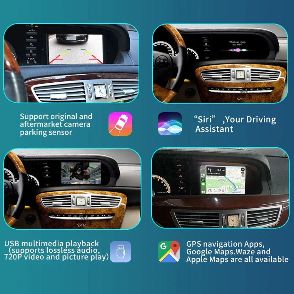 Product features including original and aftermarket backup camera support, Siri assistant, USB multimedia playback, and GPS navigation apps.
