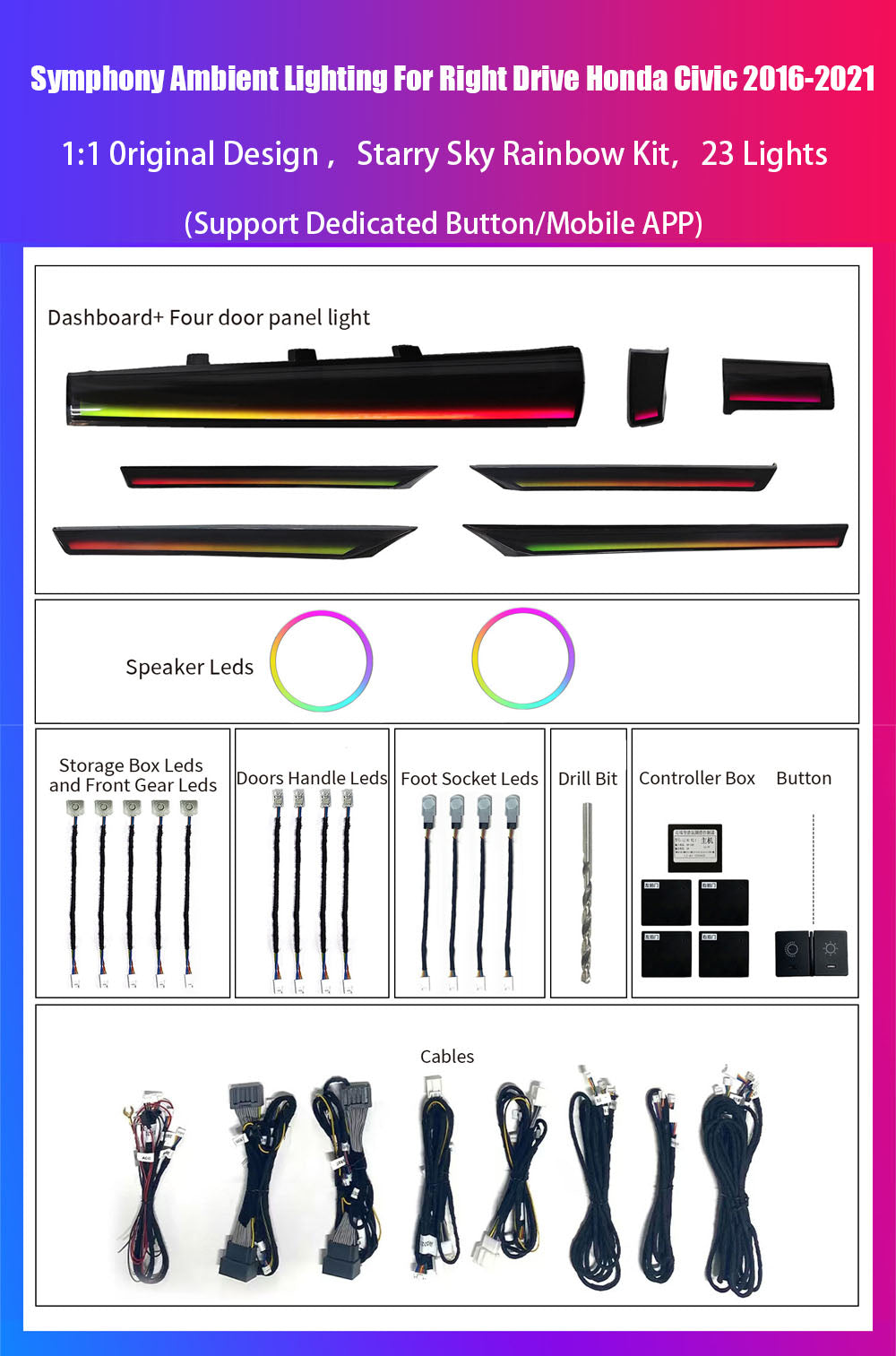 CarAkits LED Safety assistance systems Ambient Light For Honda Civic Right Hand 2016-2021 Interior Decoration