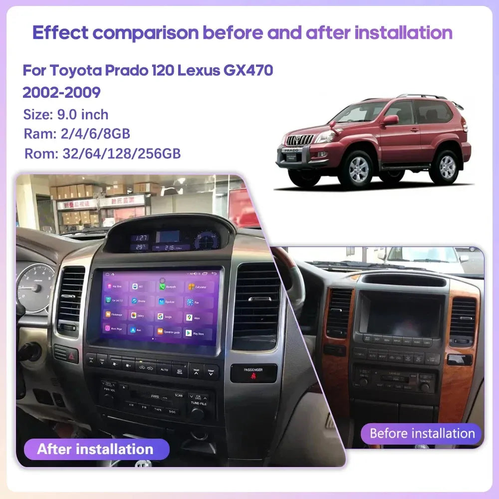 Before and after installation comparison of 9-inch Android stereo on Toyota Prado 120 and Lexus GX470