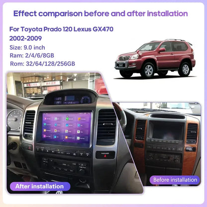 Before and after installation comparison of 9-inch Android stereo on Toyota Prado 120 and Lexus GX470
