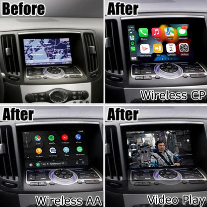 Side-by-side before and after comparison of a factory car dashboard upgraded to wireless Apple CarPlay, wireless Android Auto, and video play capabilities.