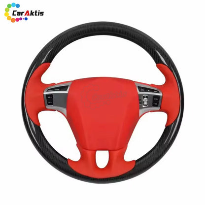Custom carbon fiber steering wheel with vibrant red leather trim and silver multi-function buttons for Bentley Continental GT 2012-2018.