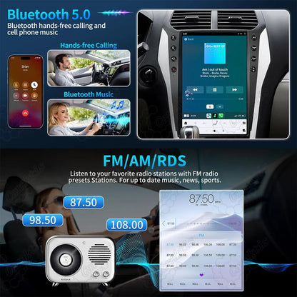 Bluetooth 5.0 hands-free calling interface and FM/AM RDS radio station tuner screen.