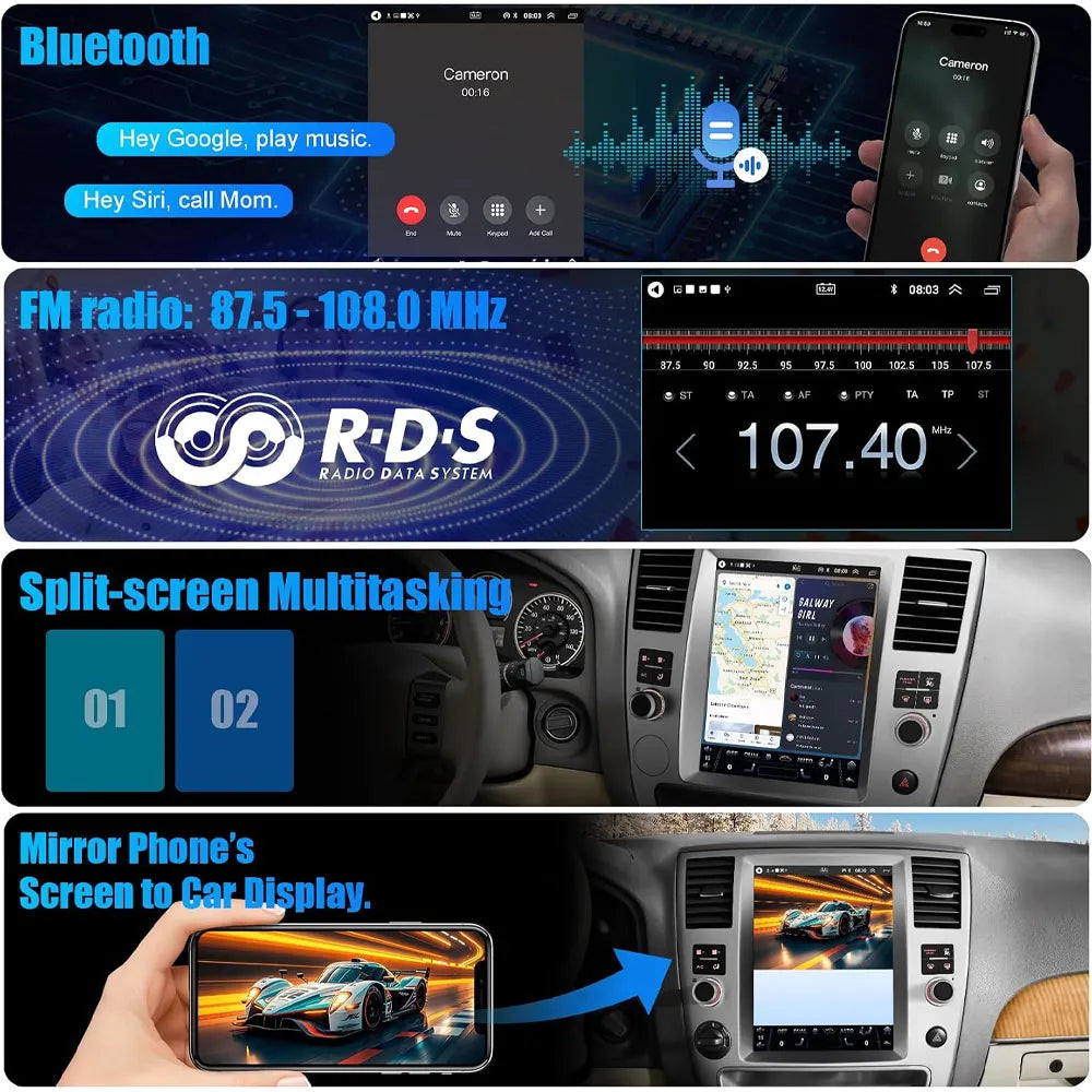 Android car stereo supporting Bluetooth hands-free calls, FM RDS radio, split-screen multitasking, and smartphone mirror link.