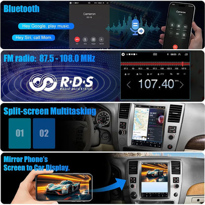 Android car stereo supporting Bluetooth hands-free calls, FM RDS radio, split-screen multitasking, and smartphone mirror link.