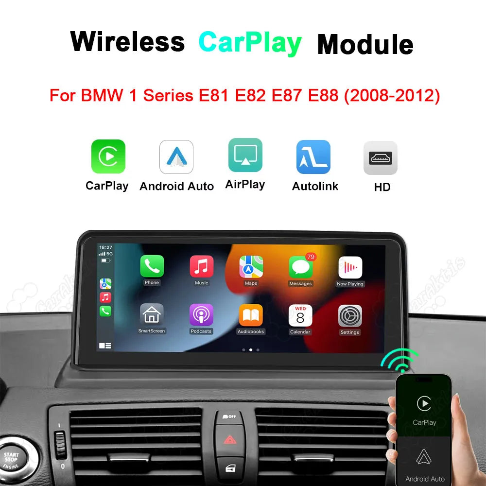Wireless CarPlay and Android Auto module for BMW 1 Series E81 E82 E87 E88 2008-2012, featuring smart screen mirroring with AirPlay and Autolink.