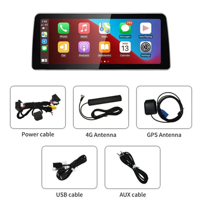 Package contents for BMW 12.3-inch multimedia player including power cable, 4G antenna, GPS antenna, USB cable, and AUX cable.