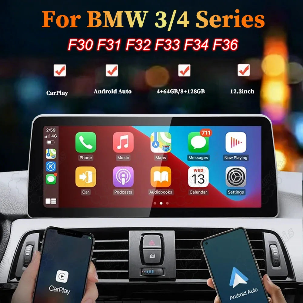 12.3 inch Apple CarPlay and Android Auto touchscreen display head unit for BMW 3 and 4 Series F30 F31 F32 F33 F34 F36