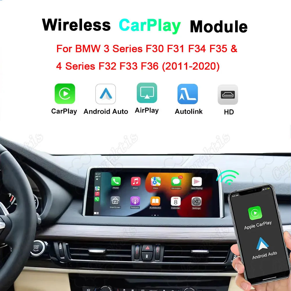 Wireless CarPlay and Android Auto module for BMW 3 Series (F30/F31/F34/F35) and 4 Series (F32/F33/F36) 2011-2020.