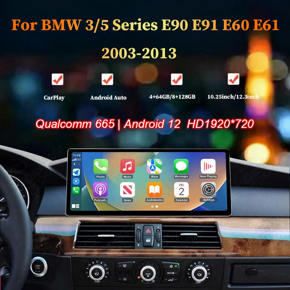 12.3-inch Android 13 car multimedia player with Wireless CarPlay and Android Auto installed in BMW 3 and 5 Series dashboard (2003-2013 E90 E91 E60 E61).