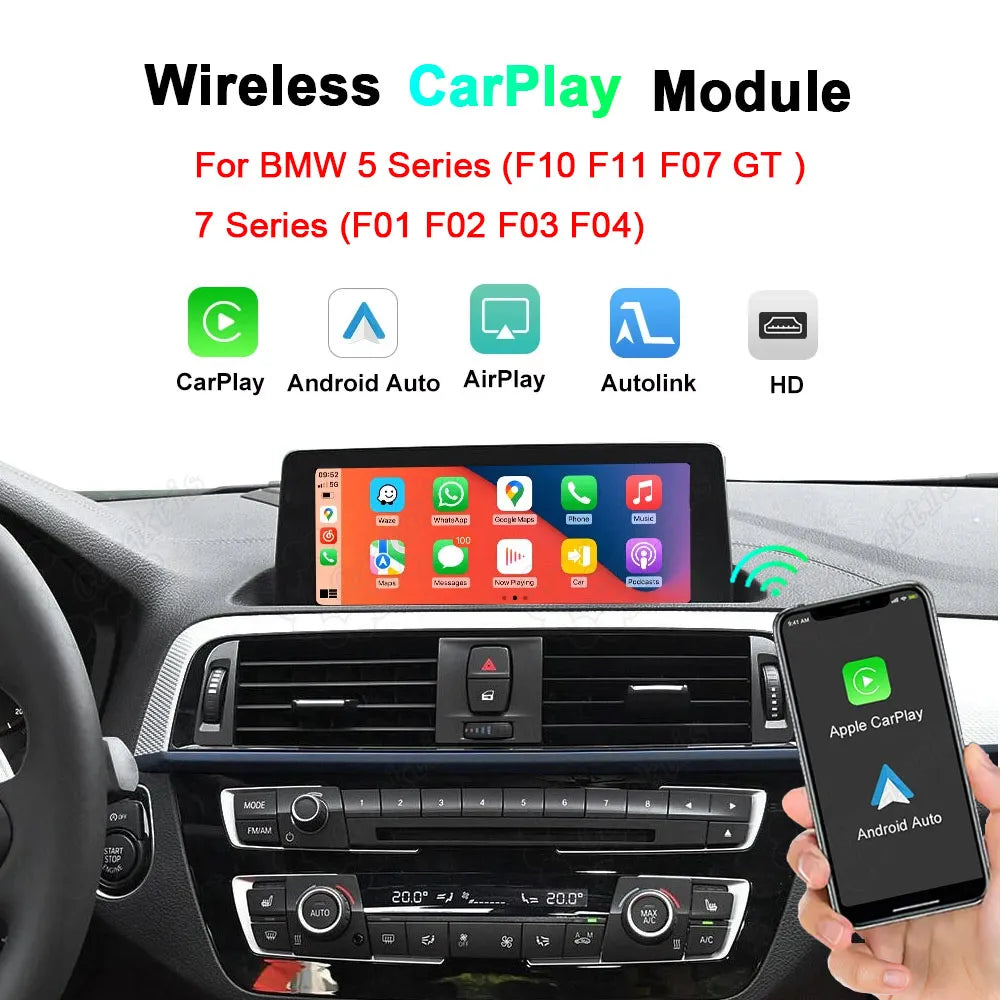 Wireless CarPlay and Android Auto retrofit module for BMW 5 Series (F10, F11, F07 GT) and 7 Series (F01, F02, F03, F04), showing the smart dashboard interface screen and a mobile phone.