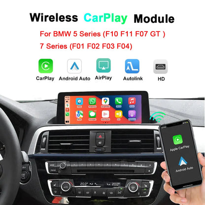 Wireless CarPlay and Android Auto retrofit module for BMW 5 Series (F10, F11, F07 GT) and 7 Series (F01, F02, F03, F04), showing the smart dashboard interface screen and a mobile phone.