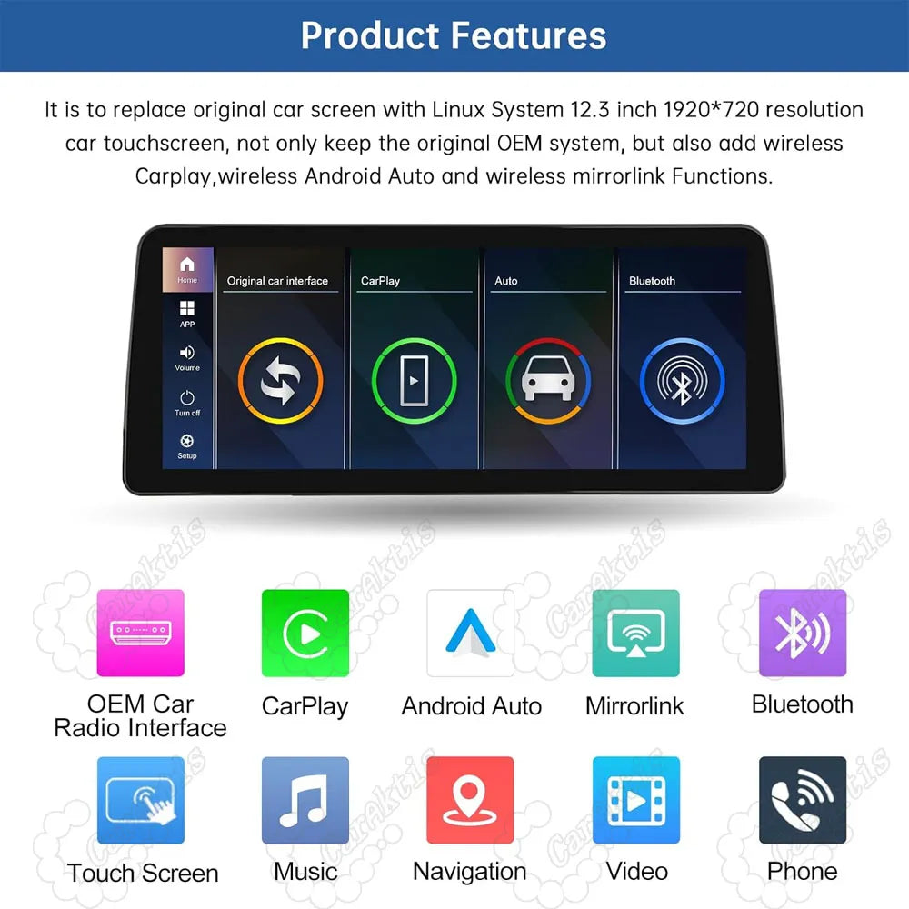 12.3 inch 1920x720 Linux system touchscreen replacement for BMW showing OEM radio interface, CarPlay, Android Auto, Bluetooth, and navigation icons.
