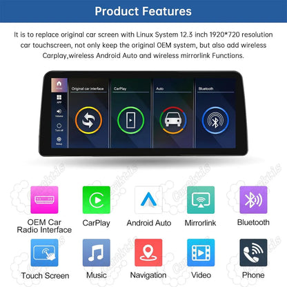 12.3 inch 1920x720 Linux system touchscreen replacement for BMW showing OEM radio interface, CarPlay, Android Auto, Bluetooth, and navigation icons.