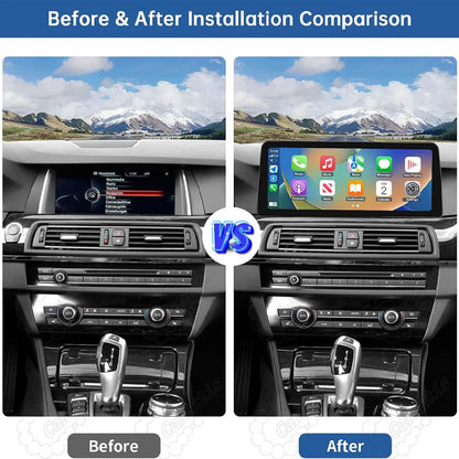 Before and after installation comparison of upgrading original small factory screen to 12.3 inch Android display in BMW 5 Series F10 F11.