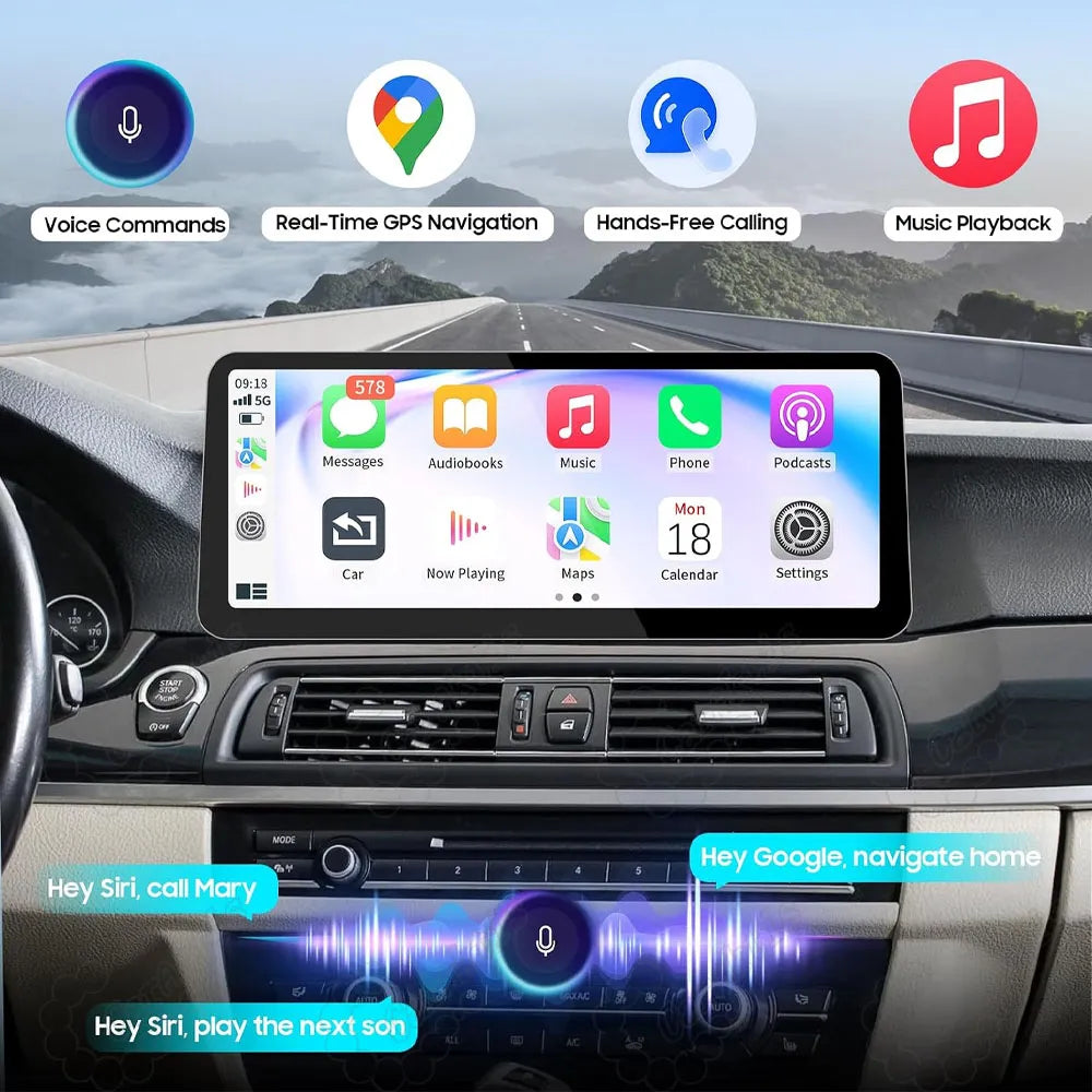 Voice control function with Siri and Google Assistant on BMW 5 Series F10 F11 dashboard display for navigation, phone calls, and music playback.