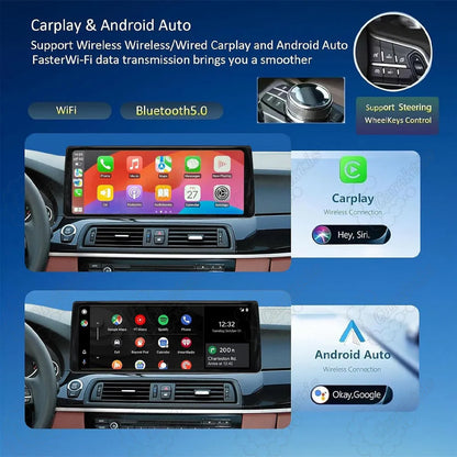 Wireless Apple CarPlay and Android Auto integration on 12.3 inch touchscreen for BMW 5 Series F10 F11 with steering wheel control support.