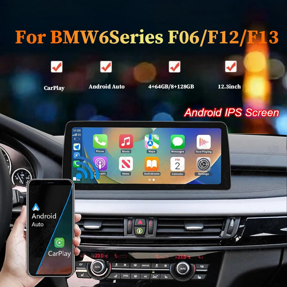 12.3-inch Android IPS touchscreen display upgrade for BMW 6 Series F06 F12 F13, supporting CarPlay and Android Auto.