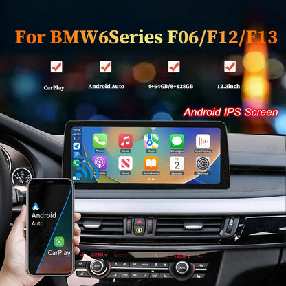 12.3-inch Android IPS touchscreen display upgrade for BMW 6 Series F06 F12 F13, supporting CarPlay and Android Auto.