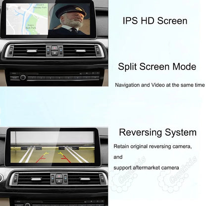BMW F01 F02 IPS HD split screen mode displaying navigation and video simultaneously with original and aftermarket reversing camera support