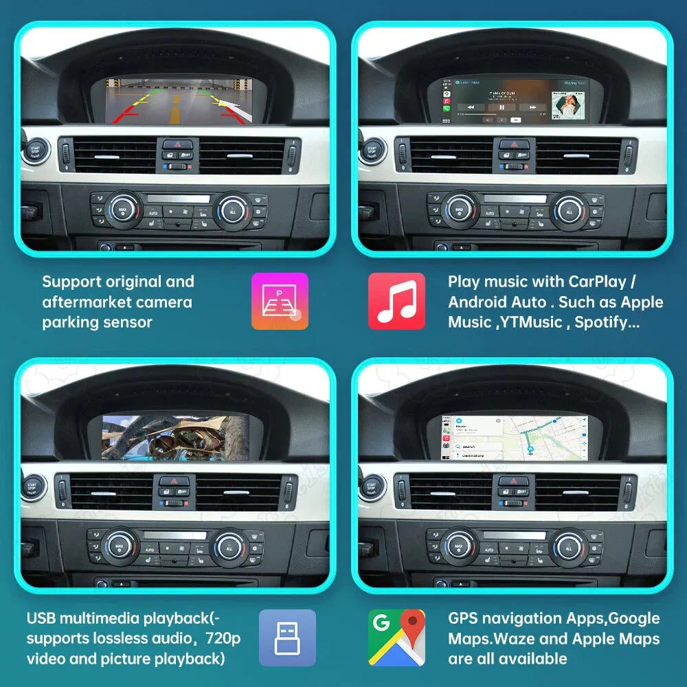 Multi-feature showcase of the BMW retrofit display, including original and aftermarket parking camera support, Spotify music streaming, USB multimedia playback, and Google Maps GPS navigation.