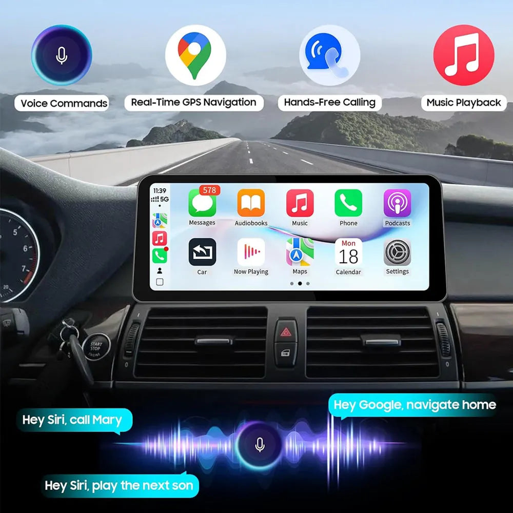 Wireless Apple CarPlay home screen interface featuring Siri and Google Assistant voice commands, GPS navigation maps, hands-free calling, and music playback.