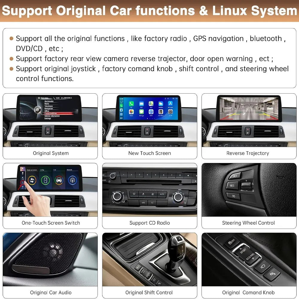 Overview of retained BMW factory features including OEM iDrive system, steering wheel controls, original audio, shift control, CD radio, and reverse camera trajectory.