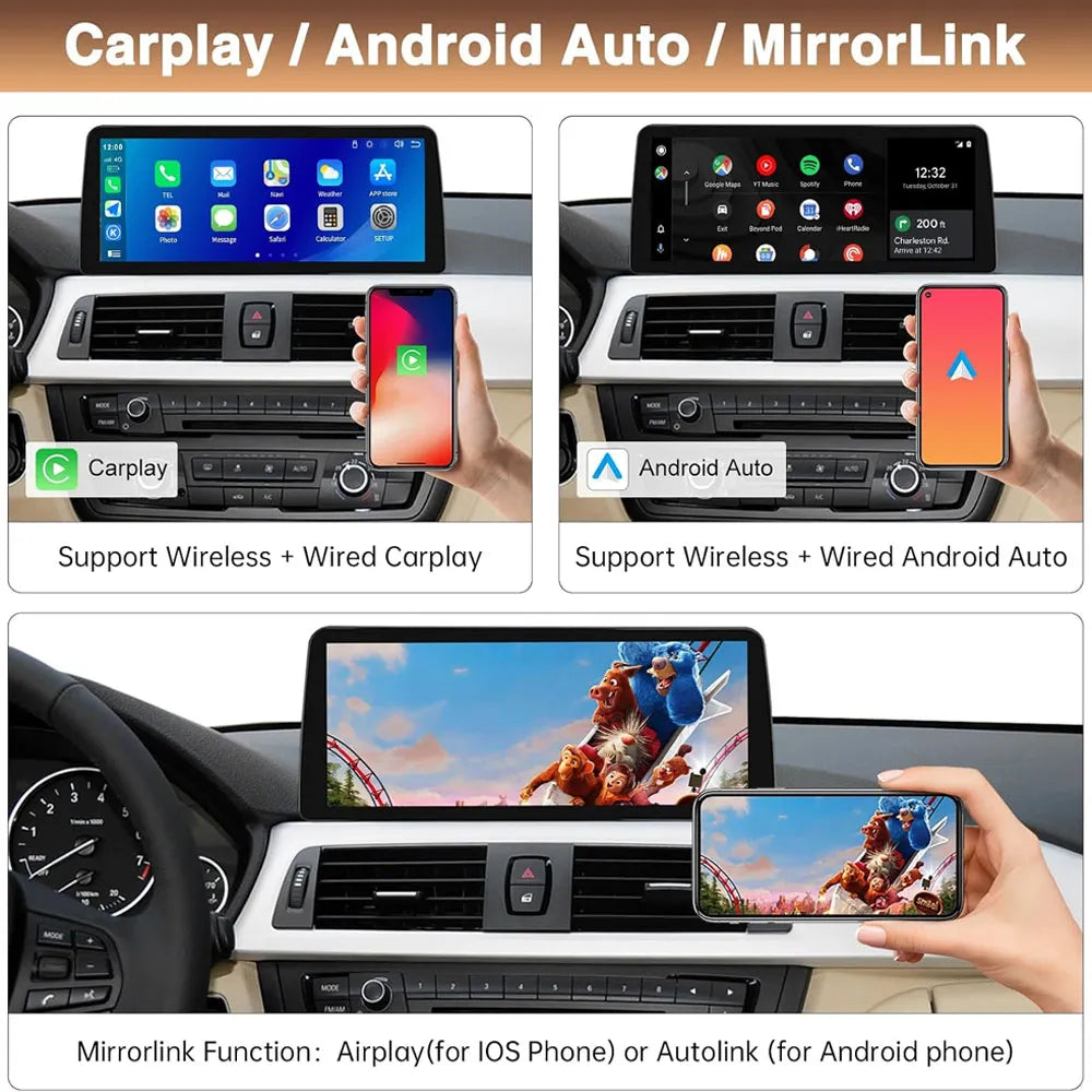 Wireless Apple CarPlay, Android Auto, and phone screen MirrorLink Airplay functions on BMW head unit display