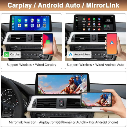Wireless Apple CarPlay, Android Auto, and phone screen MirrorLink Airplay functions on BMW head unit display