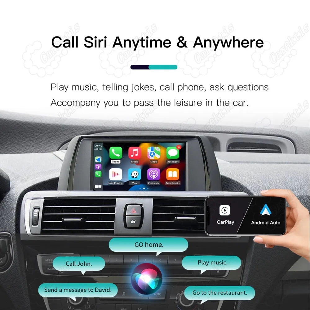 Hands-free voice control integration with Apple Siri and Google Assistant on BMW CarPlay retrofit, showing common voice prompts like Go Home and Play Music.
