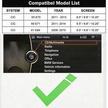 Compatibility model list table for BMW CIC system showing compatible models including X5 E70, X6 E71, and X1 E84 with screen sizes, alongside a checkmark and the BMW iDrive main menu interface.