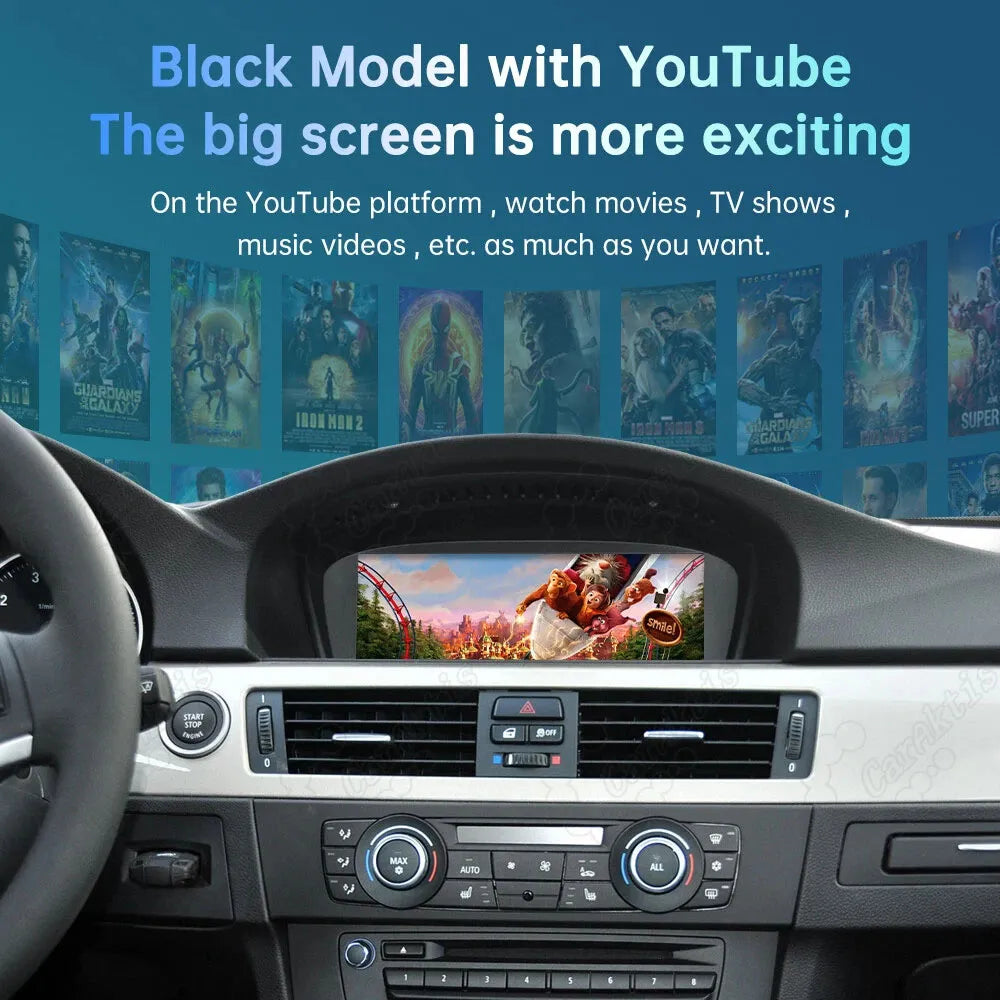 Entertainment features on the upgraded BMW big screen display, showing video and movie playback via the integrated YouTube application interface.