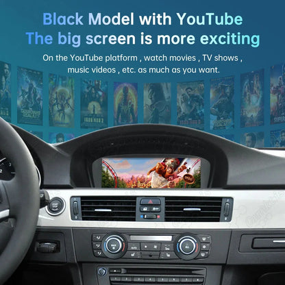 Entertainment features on the upgraded BMW big screen display, showing video and movie playback via the integrated YouTube application interface.